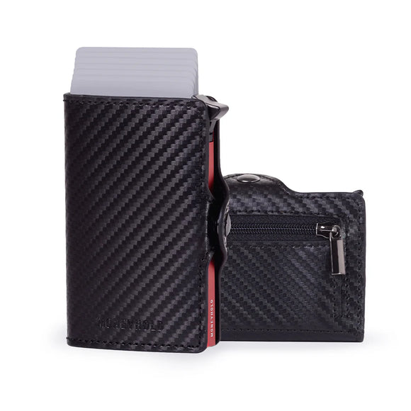 Moneyhold Porta Carte di Credito - Linea Smart / Carbon Nero-Rosso con Tasca Portamonete