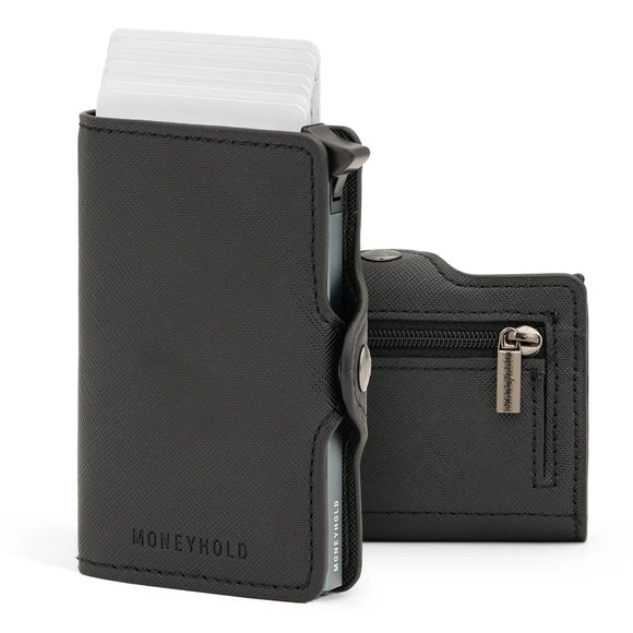 Moneyhold Porta Carte di Credito - Linea Smart / Nero Saffiano con Tasca Portamonete