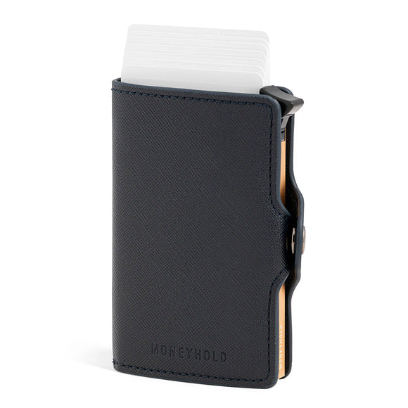 Moneyhold Porta Carte di Credito - Linea Smart / Blu Saffiano - Oro con Zip per Monete
